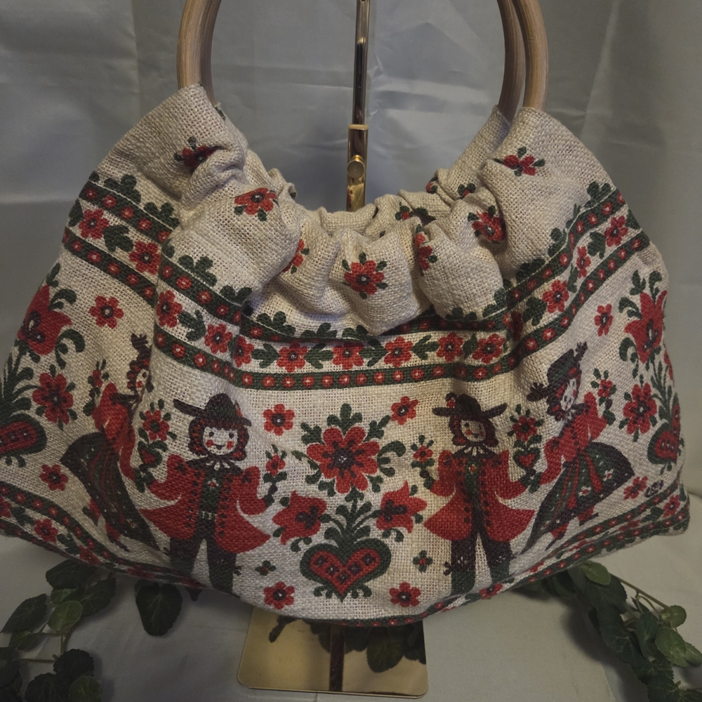 Kafi Cottagecore Folk Art Print Linen Ring Handle Kiss Lock Handbag